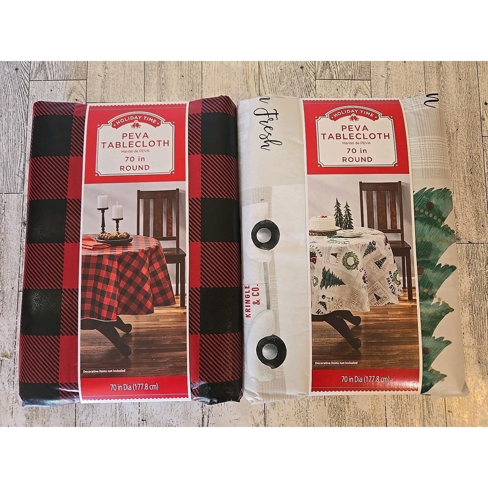 Peva Tablecloth 70" Round Christmas Trees Wreath Buffalo Plaid Holiday Time Lot